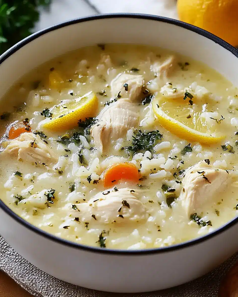 Cremige Zitronen-Hühner-Reis-Suppe First Image First Image