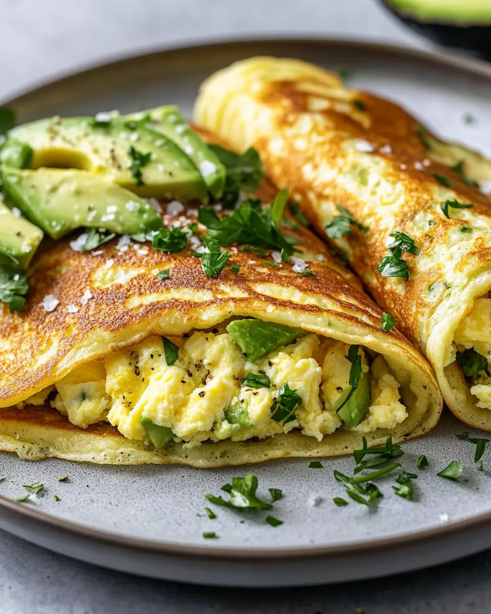 Keto-Frühstücks-Crêpes mit Rührei und Avocado First Image First Image