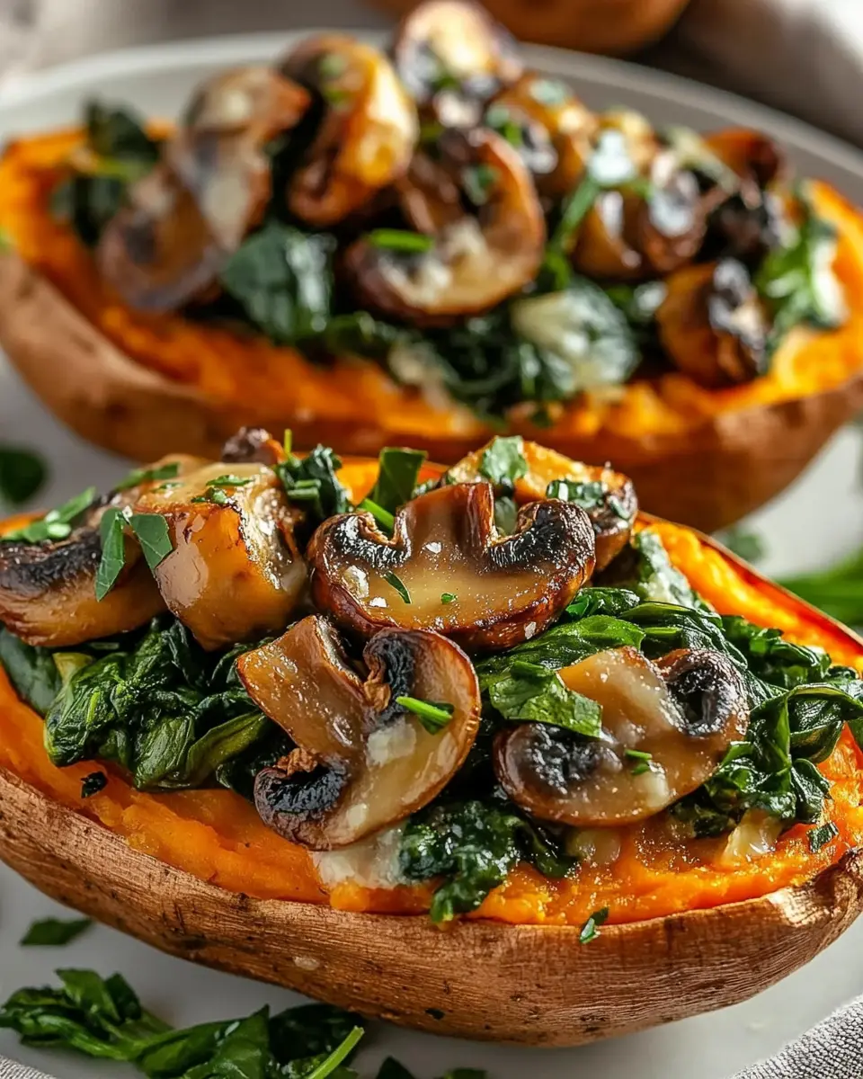 Gefüllte Süßkartoffeln mit Champignons und Spinat First Image First Image