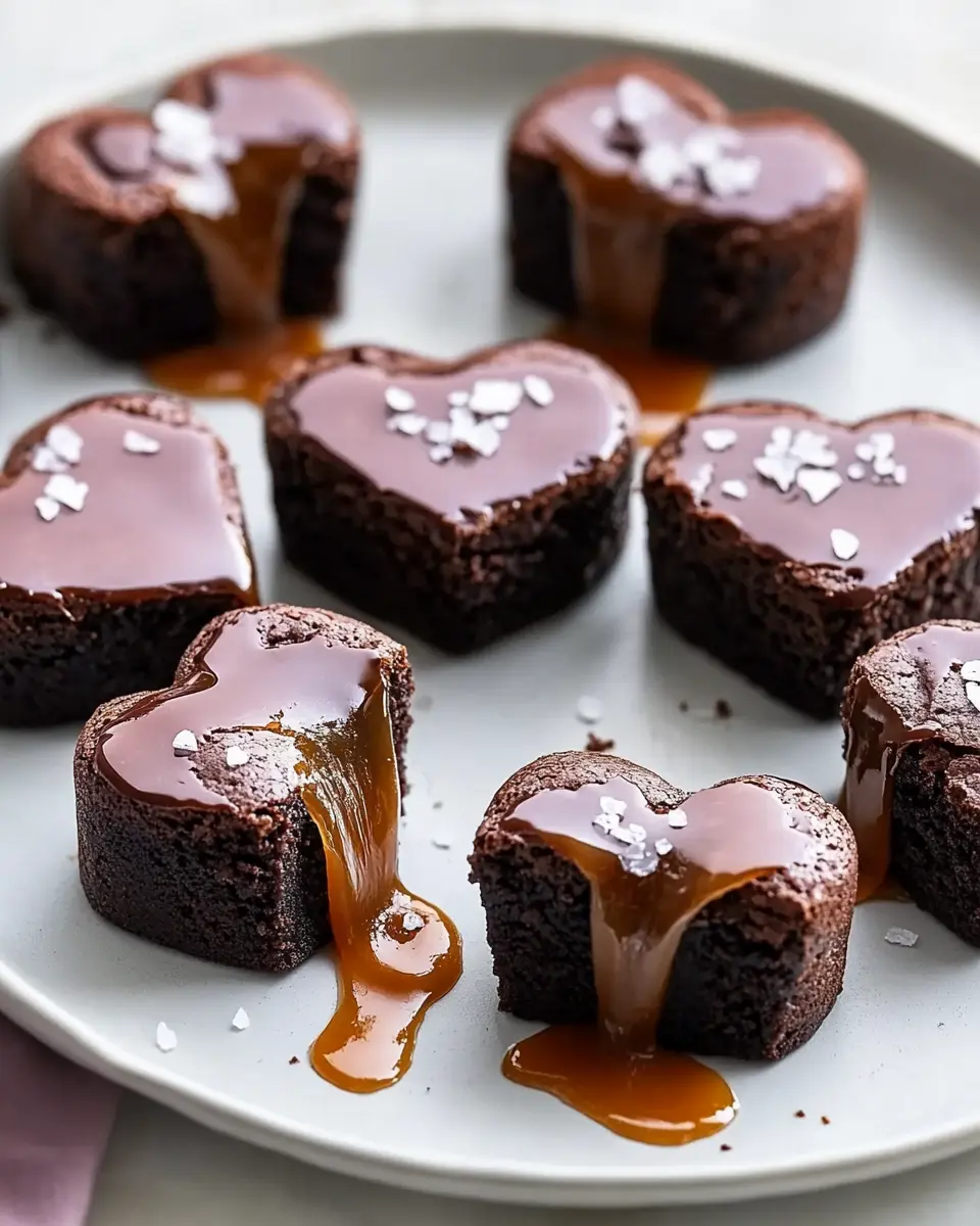 Brownie Karamell Herzen: Saftige Schokoherzen mit flüssigem Karamellkern First Image First Image