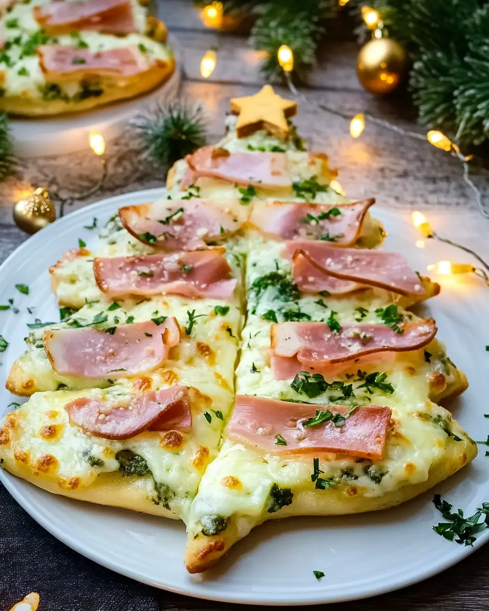 Pizza Weihnachtsbaum mit Käse und Schinken First Image First Image