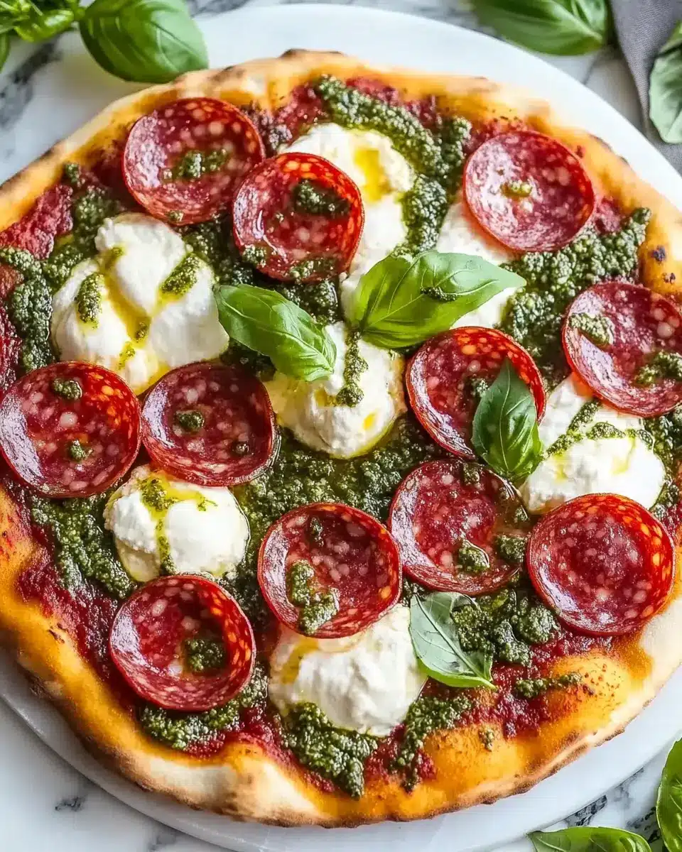 Salami Burrata Pizza mit Pesto First Image First Image