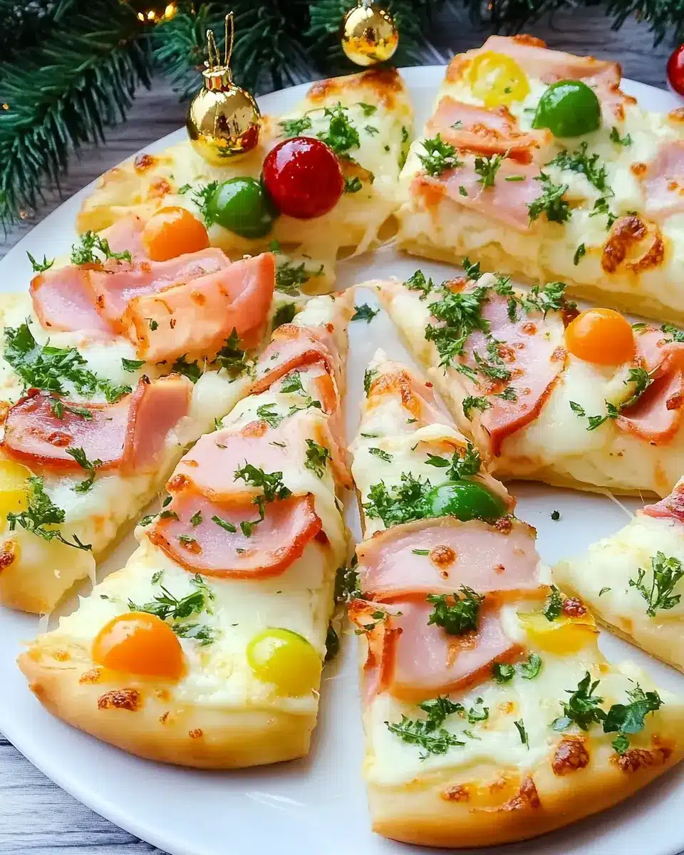 Pizza Weihnachtsbaum mit Käse und Schinken First Image First Image
