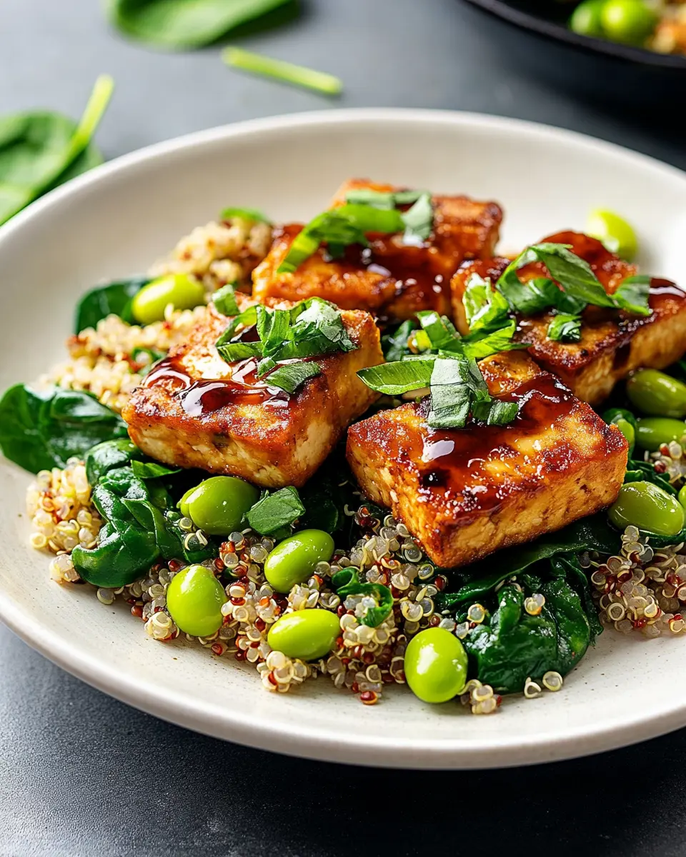 Süß-saurer Tofu mit Spinat-Quinoa & Edamame First Image First Image