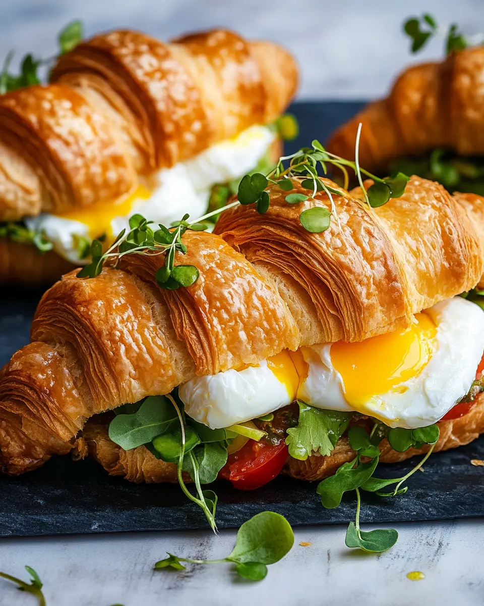 Croissant-Sandwiches mit pochierten Eiern First Image First Image