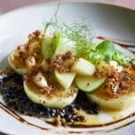 Karamellisierter Fenchel mit Belugalinsen-Balsamico-Creme, grüner Apfel-Vinaigrette und Crunch First Image First Image