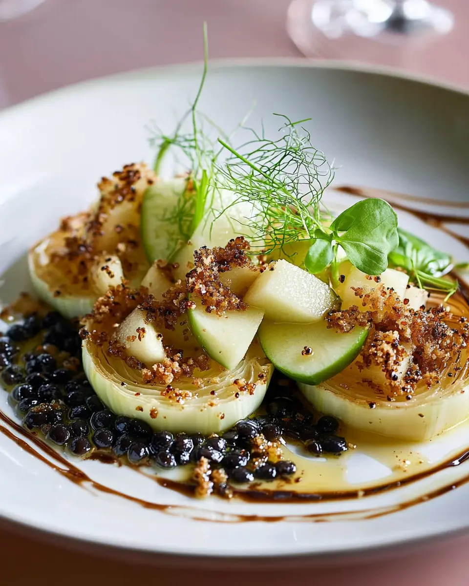 Karamellisierter Fenchel mit Belugalinsen-Balsamico-Creme, grüner Apfel-Vinaigrette und Crunch First Image First Image