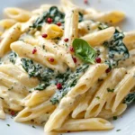 Penne mit Gorgonzola-Sahne-Sauce, Blattspinat & rosa Beeren First Image First Image