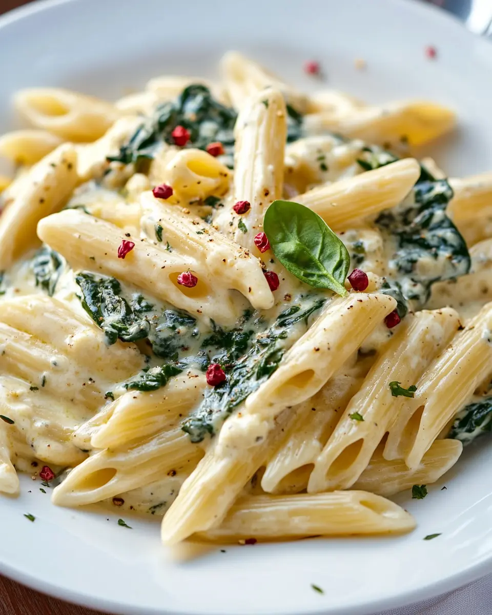 Penne mit Gorgonzola-Sahne-Sauce, Blattspinat & rosa Beeren First Image First Image