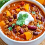 Kürbis-Chili mit Hackfleisch, Kürbispüree und Bohnen First Image First Image