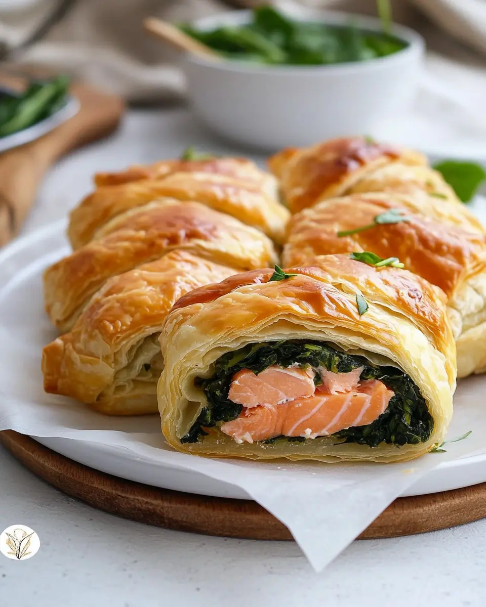 Lachs im Blätterteig mit Spinat als Blätterteigrolle aus dem Ofen First Image First Image