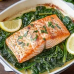 Einfacher Ofen Lachs auf Spinat First Image First Image