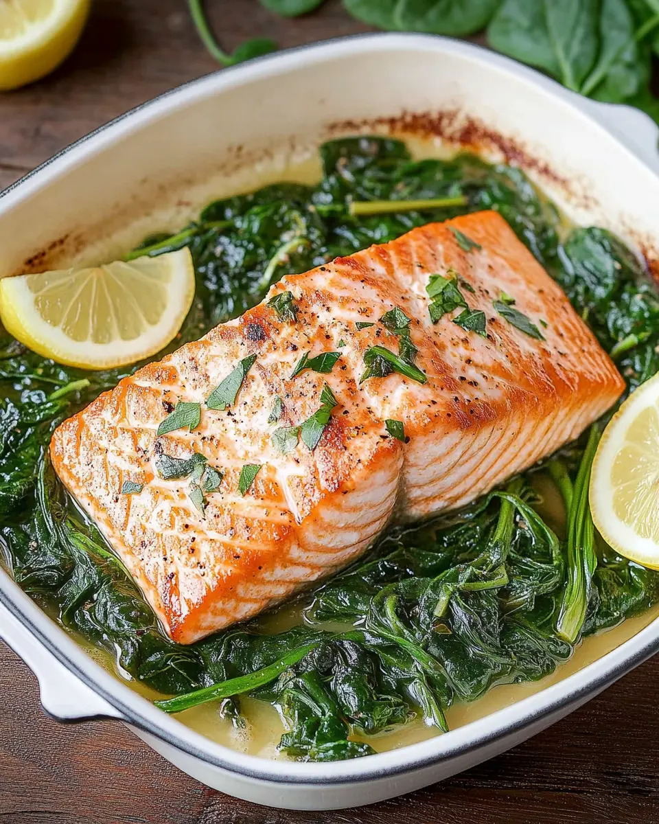 Einfacher Ofen Lachs auf Spinat First Image First Image