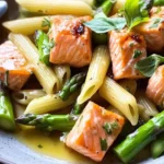 Marinierte Lachswürfel mit grünem Spargel und Penne – Einfach und Lecker First Image First Image
